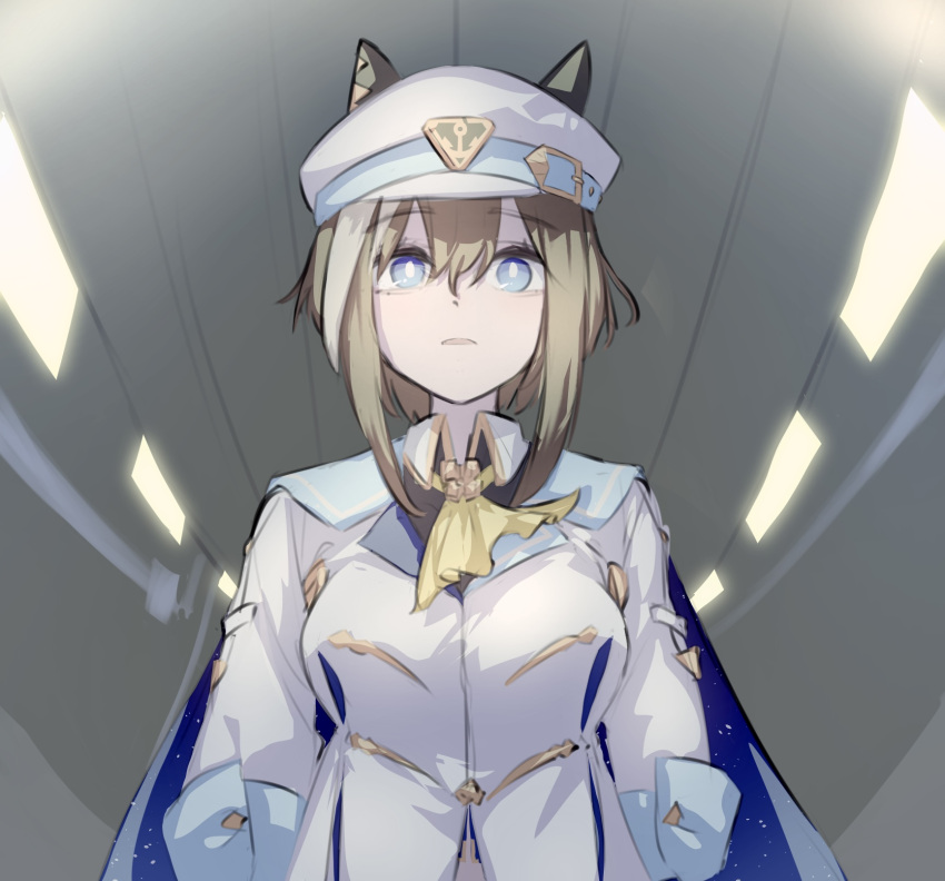 1girl animal_ear_headwear animal_ears arms_at_sides ascot blue_eyes breasts bright_pupils brown_hair cape cheval_grand_(umamusume) collared_shirt hair_between_eyes hat hat_belt highres horse_ears jacket long_sleeves multicolored_hair open_mouth sasa_fune shirt short_hair small_breasts solo standing straight-on streaked_hair umamusume upper_body vanishing_point white_headwear white_jacket white_pupils yellow_ascot