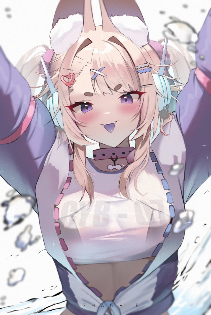 1girl absurdres animal_ear_fluff animal_ears arms_up artist_name black_bra blonde_hair blush bra breasts collar colored_tongue dog_ears dog_girl fangs german_commentary hair_intakes highres indie_virtual_youtuber looking_at_viewer pink_collar purple_tongue see-through shaoviie short_twintails solo sparkle thick_eyebrows tongue tongue_out twintails underwear upper_body violet_eyes virtual_youtuber white_background