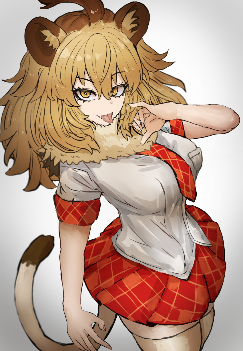 1girl absurdres adeshi_(adeshi0693119) animal_ears brown_eyes brown_hair extra_ears grey_background highres kemono_friends lion_(kemono_friends) lion_ears lion_girl lion_tail long_hair looking_at_viewer necktie scarf shirt simple_background skirt solo tail thigh-highs