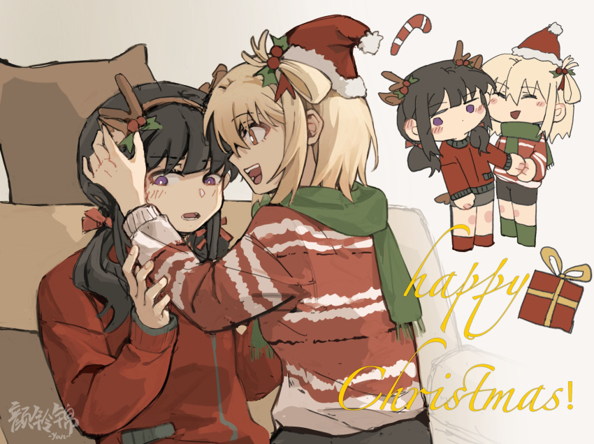 2girls antlers black_hair black_shorts blonde_hair blush bright_pupils candy candy_cane chinese_commentary christmas closed_eyes commentary_request cushion food gift green_scarf green_socks hand_on_another's_arm hands_on_another's_head hat highres horns inoue_takina long_hair long_sleeves looking_at_another lycoris_recoil medium_hair merry_christmas multiple_girls nishikigi_chisato open_mouth orange_eyes parted_lips red_socks red_sweater reindeer_antlers santa_hat scarf shorts smile socks striped_clothes striped_sweater sweater twintails violet_eyes white_pupils yanlingjinshilihuahua yuri