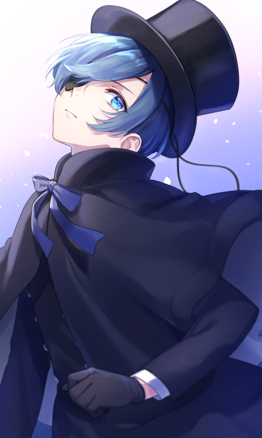 1boy absurdres black_capelet black_gloves black_headwear black_shirt blue_background blue_eyes blue_hair blue_ribbon buttons capelet ciel_phantomhive closed_mouth commission eyepatch eyewear_strap gloves gradient_background hat highres kishinaito kuroshitsuji long_sleeves looking_at_viewer male_focus petals ribbon shirt short_hair solo top_hat white_background