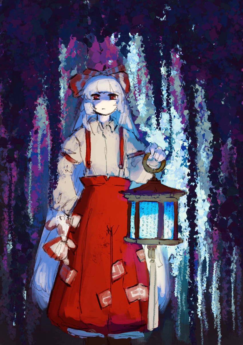 1girl :t arm_at_side blunt_bangs bow closed_mouth collared_shirt expressionless fujiwara_no_mokou hair_bow highres holding holding_lantern lantern long_hair long_sleeves looking_at_viewer multicolored_background no_nose red_bow red_eyes red_skirt rituzou210 shirt skirt solo standing touhou two-tone_bow white_bow white_hair white_shirt