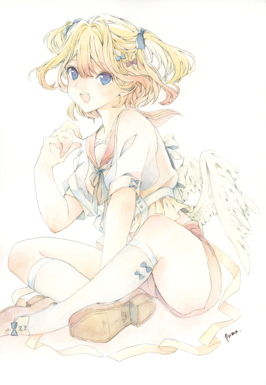 1girl absurdres angel angel_wings blonde_hair blue_eyes blue_ribbon bow brown_footwear hair_bow highres looking_at_viewer low_wings midriff multiple_hair_bows oekaki_rabbits open_mouth original painting_(medium) red_shorts ribbon shirt short_hair shorts signature simple_background sitting sleeve_bow socks solo traditional_media watercolor_(medium) white_background white_shirt white_socks white_wings wings