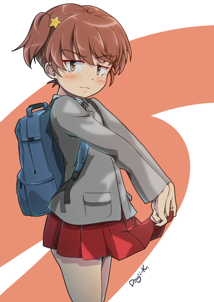 1girl absurdres alisa_(girls_und_panzer) artist_name backpack bag blazer blush brown_eyes brown_hair closed_mouth clothes_lift commentary cowboy_shot emblem freckles from_side frown girls_und_panzer grey_jacket hair_ornament highres jacket kuroneko_douji lifted_by_self long_sleeves looking_at_viewer miniskirt pleated_skirt red_skirt saunders_school_uniform school_uniform short_hair short_twintails signature skirt skirt_lift solo standing star_(symbol) star_hair_ornament twintails