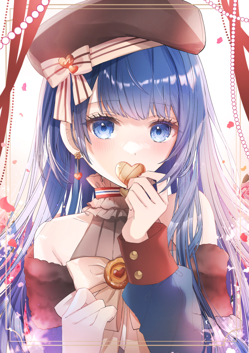 1girl absurdres bare_shoulders beret blue_dress blue_eyes blue_hair blush bow candy chocolate collar covered_mouth dress earrings flower_earrings food frilled_collar frills fur_trim hat hat_bow heart heart-shaped_chocolate heart_earrings highres holding holding_heart jewelry kiritani_haruka long_hair long_sleeves looking_at_viewer mairu003 official_alternate_costume official_alternate_hair_length official_alternate_hairstyle project_sekai red_bow red_nails single_earring single_sidelock sleeve_cuffs solo striped_bow take_the_best_shot!_(project_sekai) upper_body white_bow