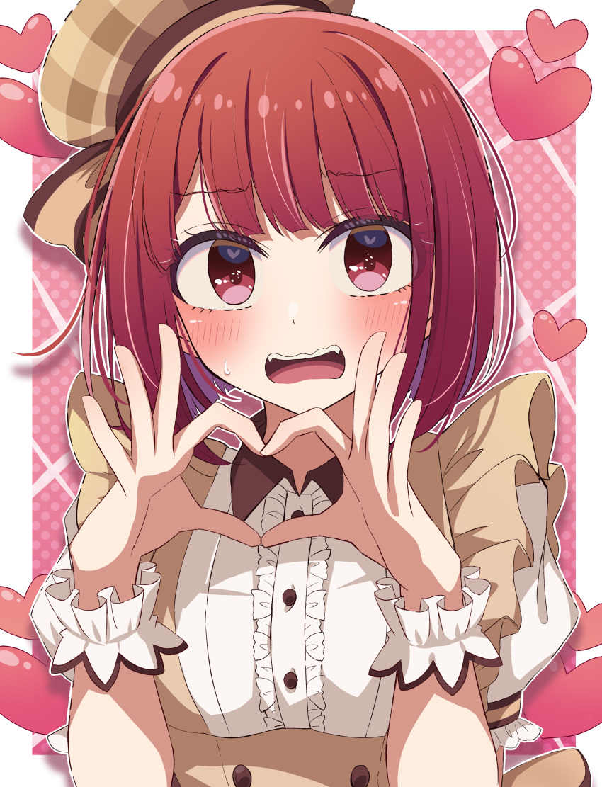 1girl absurdres alternate_costume arima_kana beret blunt_bangs blush bob_cut border brown_headwear brown_shirt center_frills commentary_request embarrassed fangs frilled_wrist_cuffs frills hands_up hat hat_ribbon heart heart_hands heart_in_eye highres inverted_bob looking_at_viewer meiji_(meizi493) mini_hat open_mouth oshi_no_ko pink_background plaid_headwear polka_dot polka_dot_background puffy_short_sleeves puffy_sleeves red_eyes redhead ribbon shirt short_hair short_sleeves simple_background solo sweatdrop symbol_in_eye teeth upper_body upper_teeth_only wavy_mouth white_border white_shirt wrist_cuffs