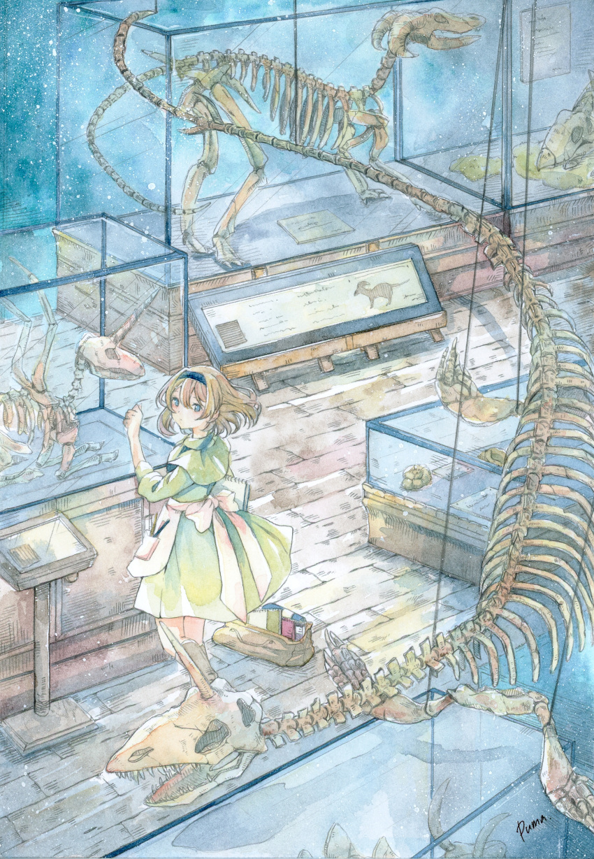 1girl absurdres animal_skeleton apron black_hairband blue_eyes bow brown_hair brown_socks clenched_hand display_case dragon_skull dress fossil from_above green_dress hairband highres holding holding_notebook looking_back notebook oekaki_rabbits original painting_(medium) pegasus short_hair sign signature socks solo traditional_media waist_apron watercolor_(medium) white_bow wooden_floor