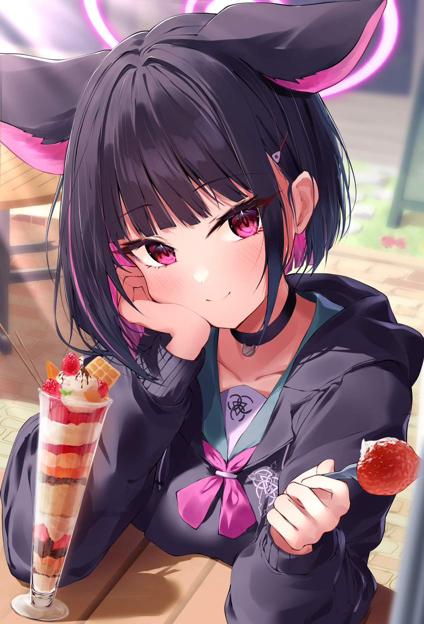 1girl absurdres animal_ears black_choker black_hair black_jacket blue_archive blush cat_ears choker closed_mouth extra_ears food fork fruit green_sailor_collar hair_ornament hairclip halo highres holding holding_fork jacket kazusa_(blue_archive) long_sleeves looking_at_viewer parfait pink_hair pink_halo red_eyes sailor_collar short_hair shumai_il smile solo strawberry