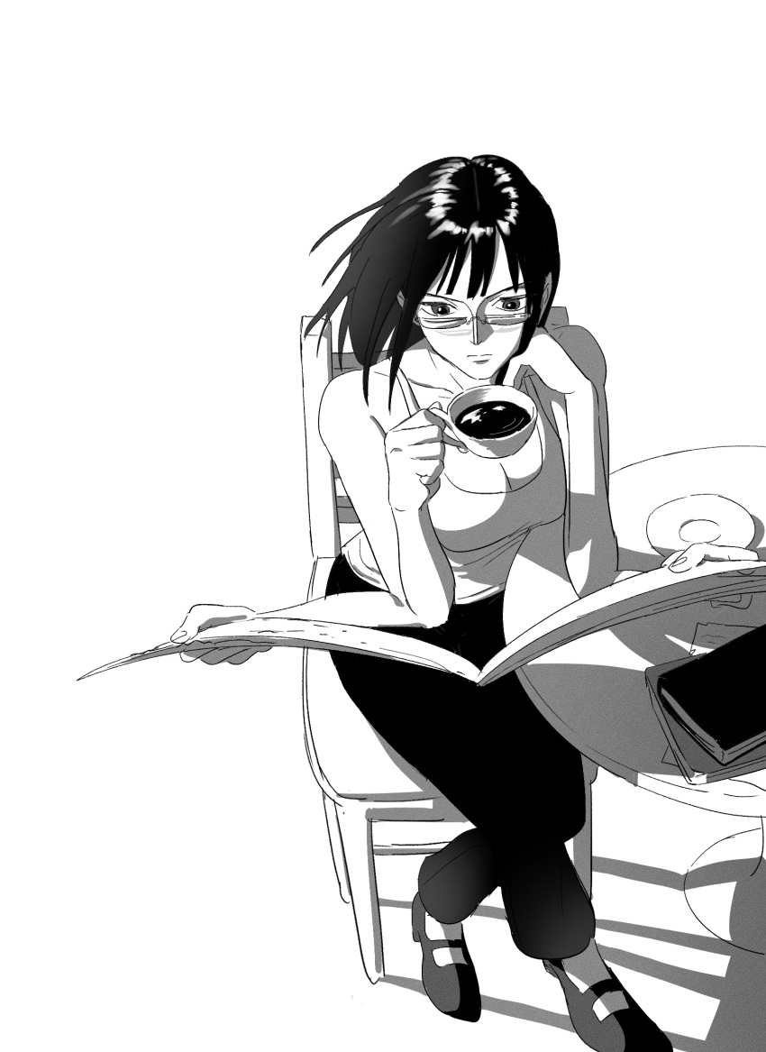 1girl book camisole chair cheouldu cup extra_arms floating_hair from_above glasses greyscale highres holding holding_cup holding_newspaper medium_hair monochrome newspaper nico_robin one_piece pants shoes simple_background solo table