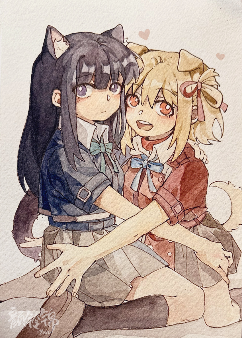 2girls absurdres animal_ears black_hair black_socks blue_dress blue_ribbon bright_pupils brown_footwear cat_ears cat_girl cat_tail chinese_commentary closed_mouth commentary_request dog_ears dog_girl dog_tail dress expressionless hair_ribbon hand_on_another's_ass heart highres inoue_takina kemonomimi_mode long_hair lycoris_recoil lycoris_uniform multiple_girls neck_ribbon nishikigi_chisato one_side_up open_mouth orange_eyes painting_(medium) pleated_skirt red_dress red_ribbon ribbon short_sleeves skirt smile socks tail traditional_media violet_eyes watercolor_(medium) white_pupils yanlingjinshilihuahua yuri