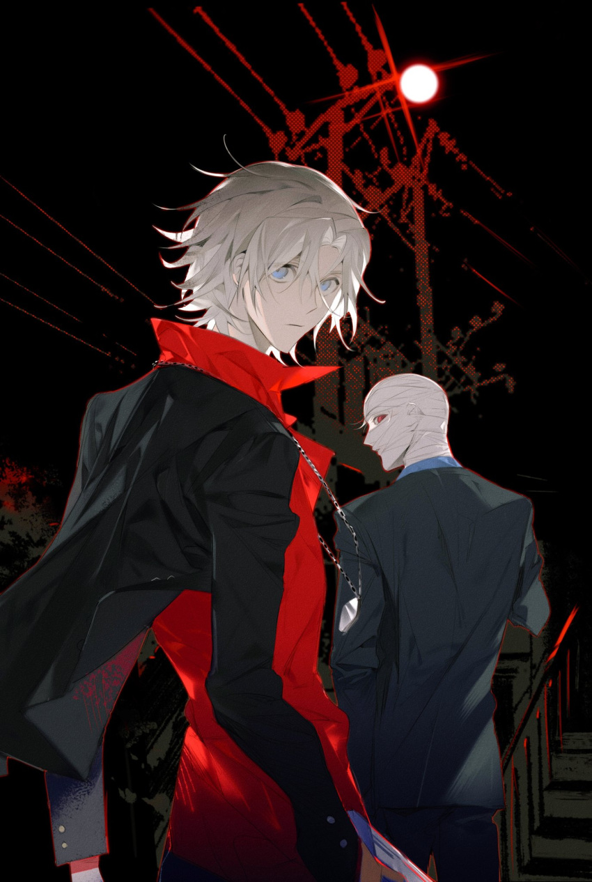 2boys 2wouumubixdzw5g bandage_on_face bandaged_hand bandaged_head bandages blue_eyes dante_(devil_may_cry) devil_may_cry_(series) formal from_behind gilver green_suit highres jewelry male_focus multiple_boys necklace night outdoors red_eyes red_shirt shirt suit upper_body white_hair