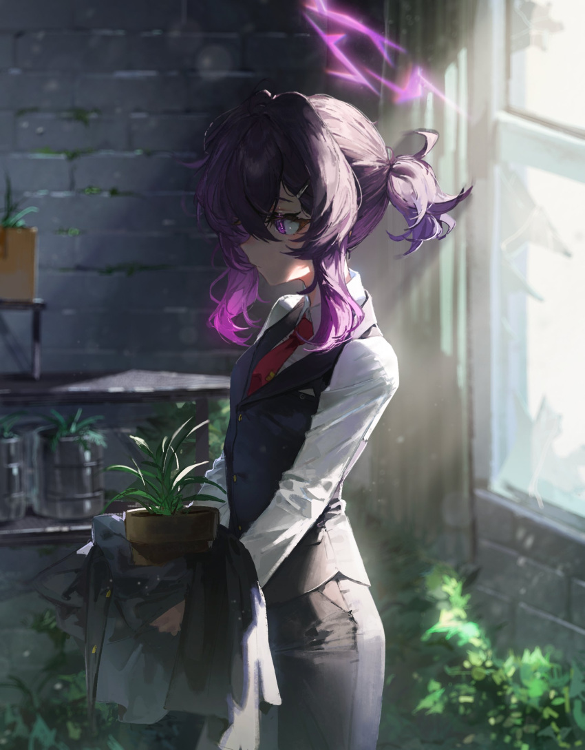 1girl absurdres black_skirt black_vest blue_archive closed_mouth collared_shirt flower_pot hair_between_eyes halo haruka_(blue_archive) haruka_(suit)_(blue_archive) highres holding holding_flower_pot indoors long_sleeves medium_hair necktie official_alternate_costume plant potted_plant purple_hair purple_halo quasarcake red_necktie shirt skirt solo vest violet_eyes white_shirt