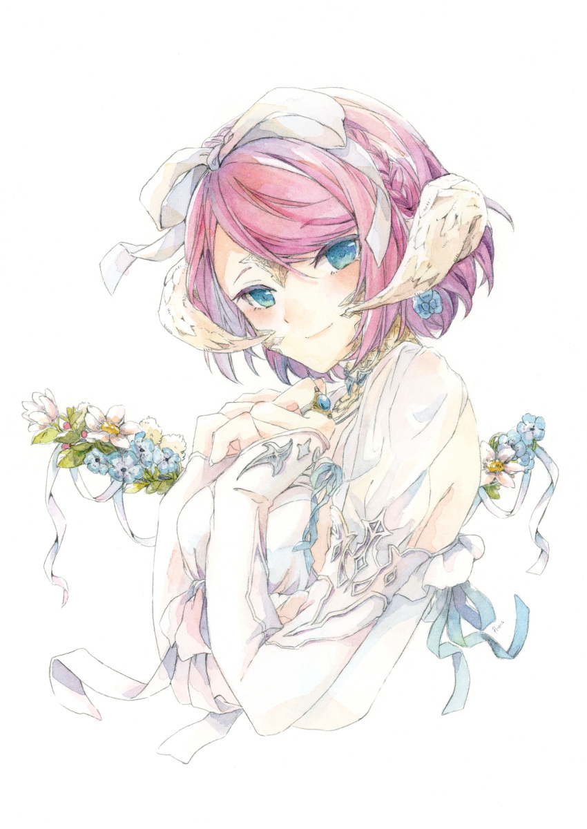1girl absurdres au_ra blue_eyes blue_flower blue_ribbon braid closed_mouth commission cropped_torso elbow_gloves final_fantasy final_fantasy_xiv flower from_side gloves highres horns looking_at_viewer oekaki_rabbits painting_(medium) pink_hair ribbon skeb_commission traditional_media watercolor_(medium) white_background white_flower white_horns white_ribbon
