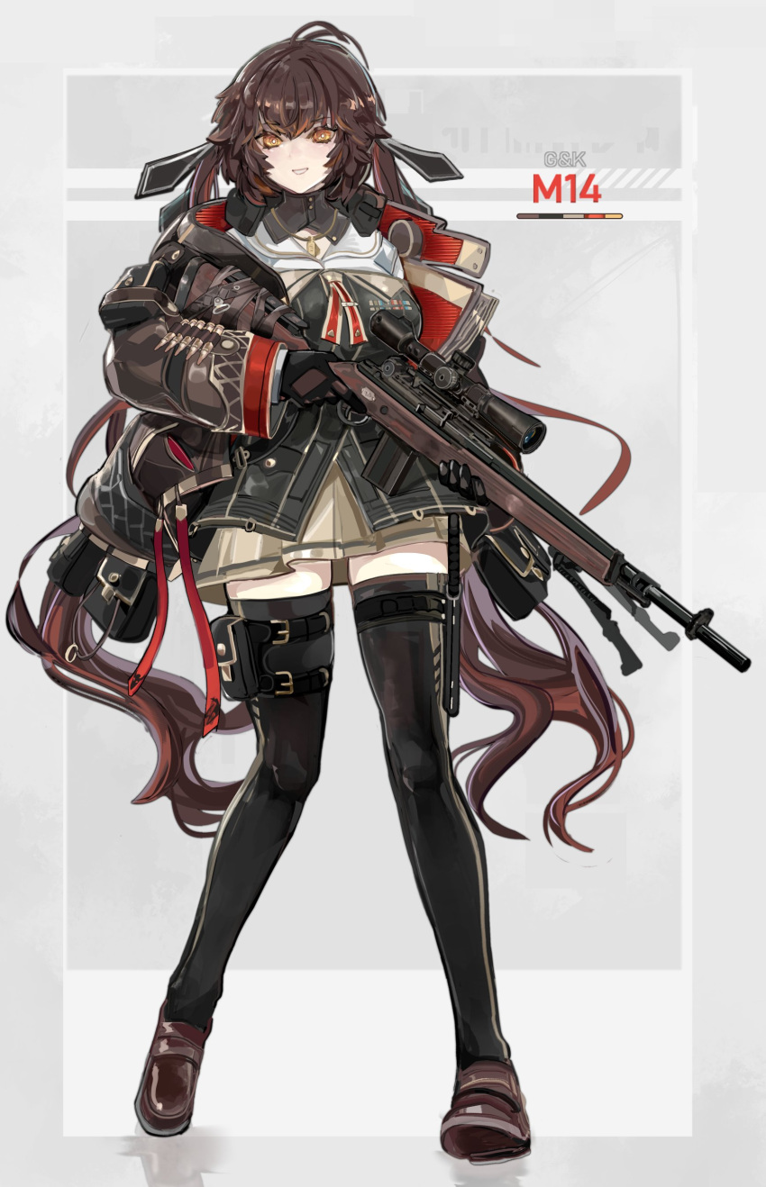 1girl absurdres alternate_color battle_rifle black_gloves black_shirt black_thighhighs brown_hair brown_jacket brown_skirt character_name dog_tags english_commentary full_body girls_frontline gloves grey_background gun highres holding holding_gun holding_weapon jacket long_hair m14 m14_(girls'_frontline) m14_(mod3)_(girls'_frontline) nslacka off-shoulder_shirt off_shoulder open_clothes open_jacket orange_eyes parted_lips pouch rifle rifle_cartridge sailor_collar scope shirt simple_background skirt smile sniper_rifle thigh-highs thigh_pouch thigh_sheath trigger_discipline twintails weapon weapon_name