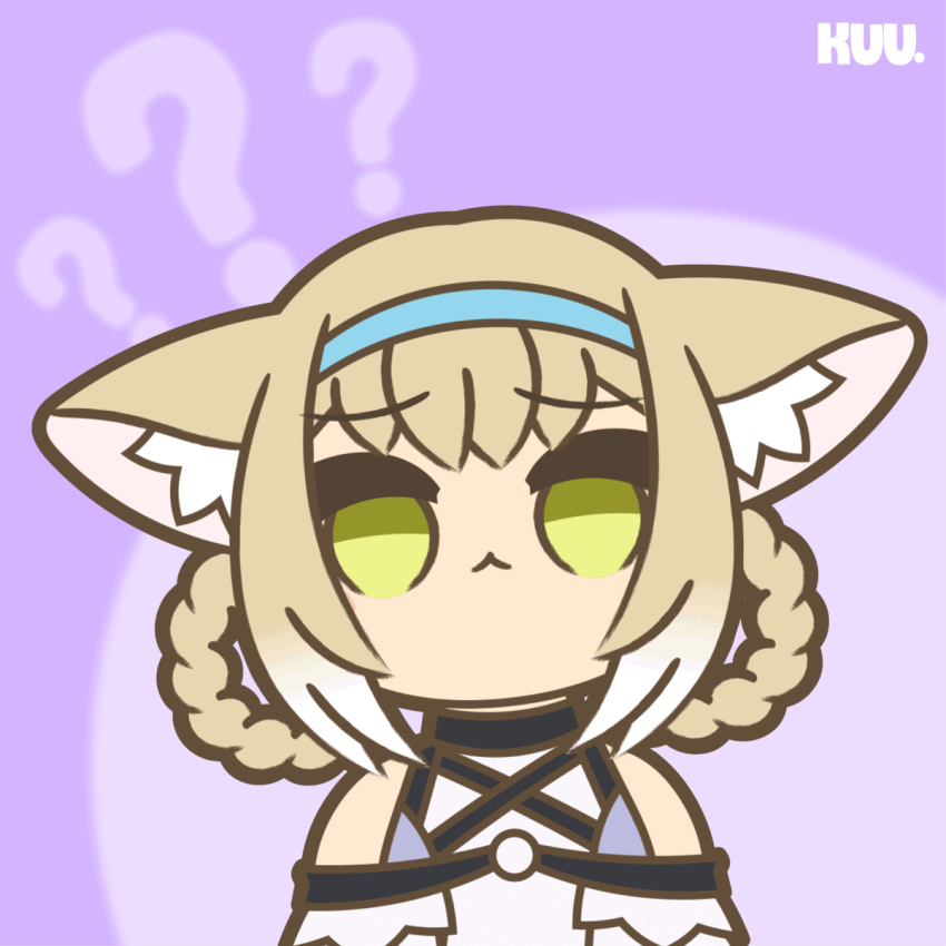 1girl animal_ear_fluff animal_ears animated animated_gif arknights blonde_hair blue_hairband blush braid commentary english_commentary fox_ears fox_girl frills green_eyes hairband highres huh?_cat_(meme) kitsune kuhl-notes kyuubi long_hair looking_at_viewer meme multicolored_hair multiple_tails off_shoulder open_mouth solo suzuran_(arknights) tail twin_braids white_hair