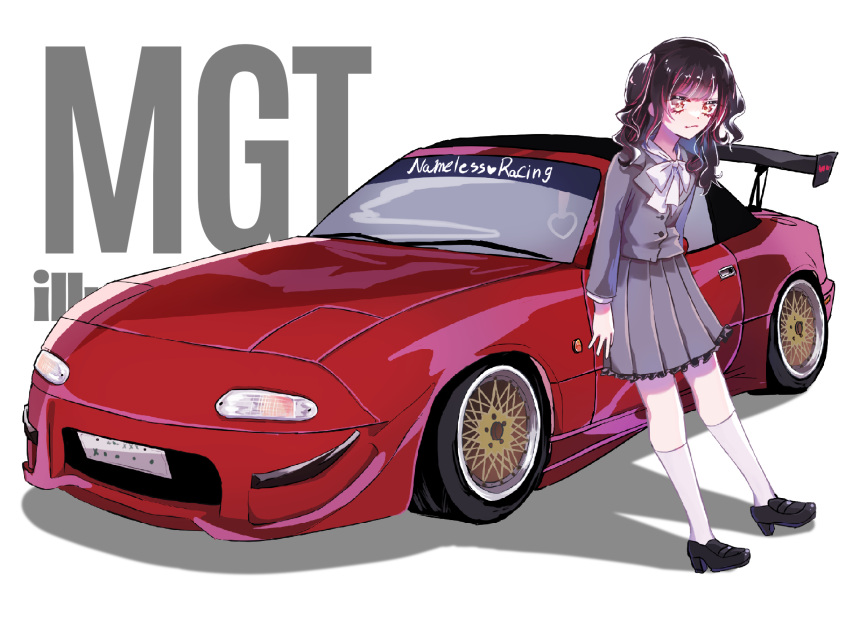 1girl absurdres black_footwear brown_hair car frilled_skirt frills frown grey_jacket grey_skirt heart highres illest_(brand) jacket logo looking_at_viewer mazda mazda_mx-5 mazda_mx-5_na motor_vehicle mugi_(marineblue134) multicolored_hair original personification pleated_skirt redhead shadow shoes simple_background skirt socks solo spoiler_(automobile) sports_car stance_(vehicle) streaked_hair two_side_up vehicle_and_personification vehicle_focus white_background white_socks