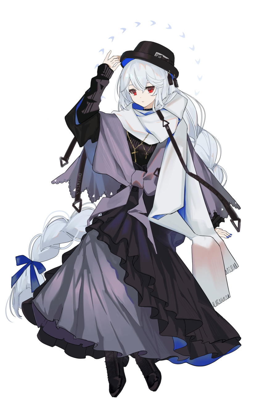 1girl arknights black_dress black_footwear black_headwear blue_ribbon capotain cross cross_necklace dress grey_robe highres jewelry long_hair looking_at_viewer low-braided_long_hair nanase_(nanase_cg) necklace official_alternate_costume red_eyes ribbon robe scarf specter_(arknights) specter_(undercurrent)_(arknights) very_long_hair white_background white_hair white_scarf