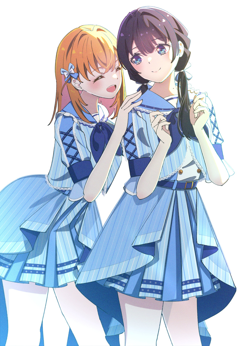 2girls absurdres belt blue_belt blue_bow blue_bowtie blue_dress blue_eyes blue_hair blue_skirt bow bowtie closed_mouth commentary commentary_request cross-laced_clothes cross-laced_sleeves dress facing_viewer fujiwaland hair_between_eyes hair_ornament hand_on_another's_shoulder highres hinoshita_kaho layered_skirt link!_like!_love_live! long_hair looking_at_another love_live! medium_hair mole mole_on_neck multiple_girls murano_sayaka open_mouth orange_hair sidelocks skirt standing teeth twintails upper_body upper_teeth_only white_background