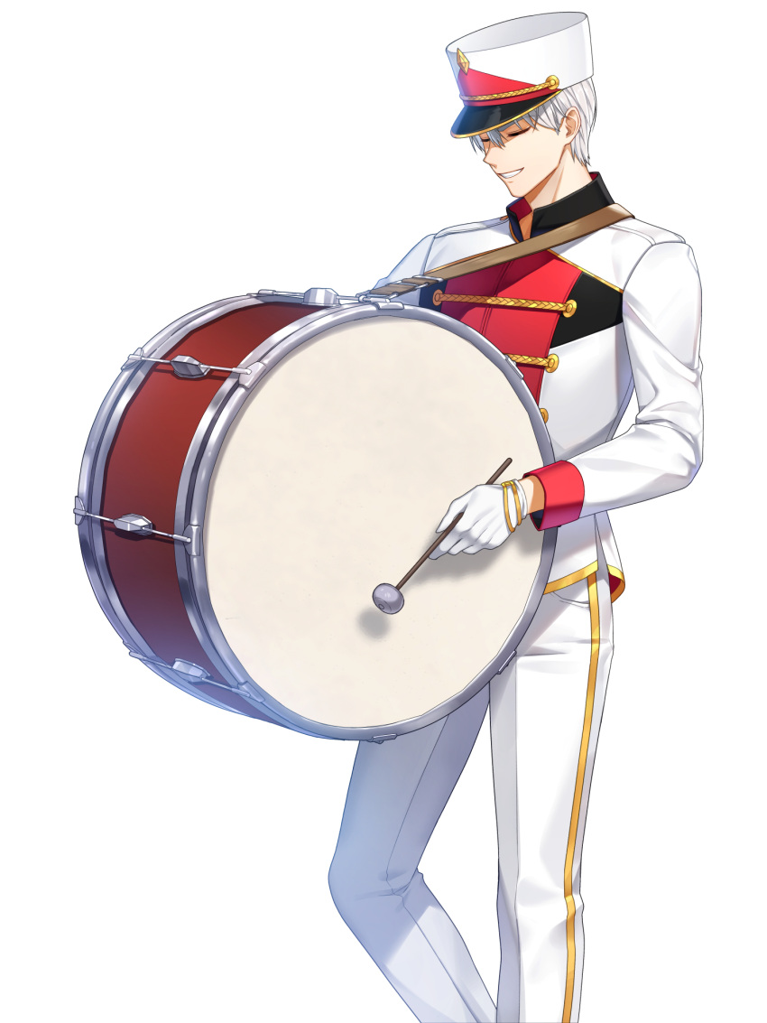 1boy band_uniform bass_drum buttons closed_eyes closers collared_jacket double-breasted drumsticks feet_out_of_frame gloves grin hat high_collar highres holding holding_drumsticks j_(closers) jacket long_sleeves male_focus marching_band official_art pants shako_cap short_hair single_vertical_stripe smile solo standing teeth uniform white_background white_gloves white_hair white_headwear white_jacket white_pants