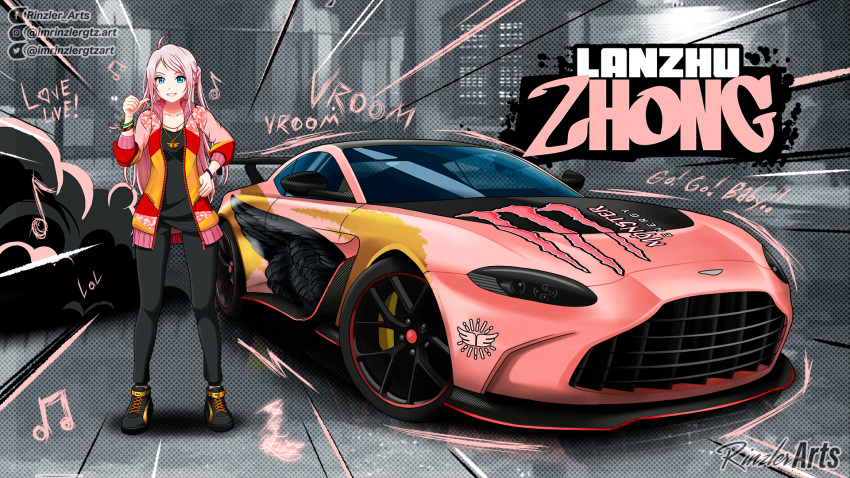 1girl artist_name aston_martin aston_martin_vantage black_footwear black_pantyhose black_shirt blue_eyes bracelet breasts car collarbone commission copyright_name english_commentary facebook_logo facebook_username hand_on_own_hip highres hood hood_down hoodie imrinzlergtz_art instagram_logo instagram_username jacket jewelry logo_parody looking_at_viewer love_live! love_live!_nijigasaki_high_school_idol_club medium_breasts mixed-language_commentary monster_energy motor_vehicle multicolored_clothes multicolored_jacket necklace need_for_speed need_for_speed_unbound pantyhose parted_lips pink_hair pink_hoodie shirt shoes smile sneakers solo spanish_commentary spoiler_(automobile) twitter_logo twitter_username vehicle_focus zhong_lanzhu