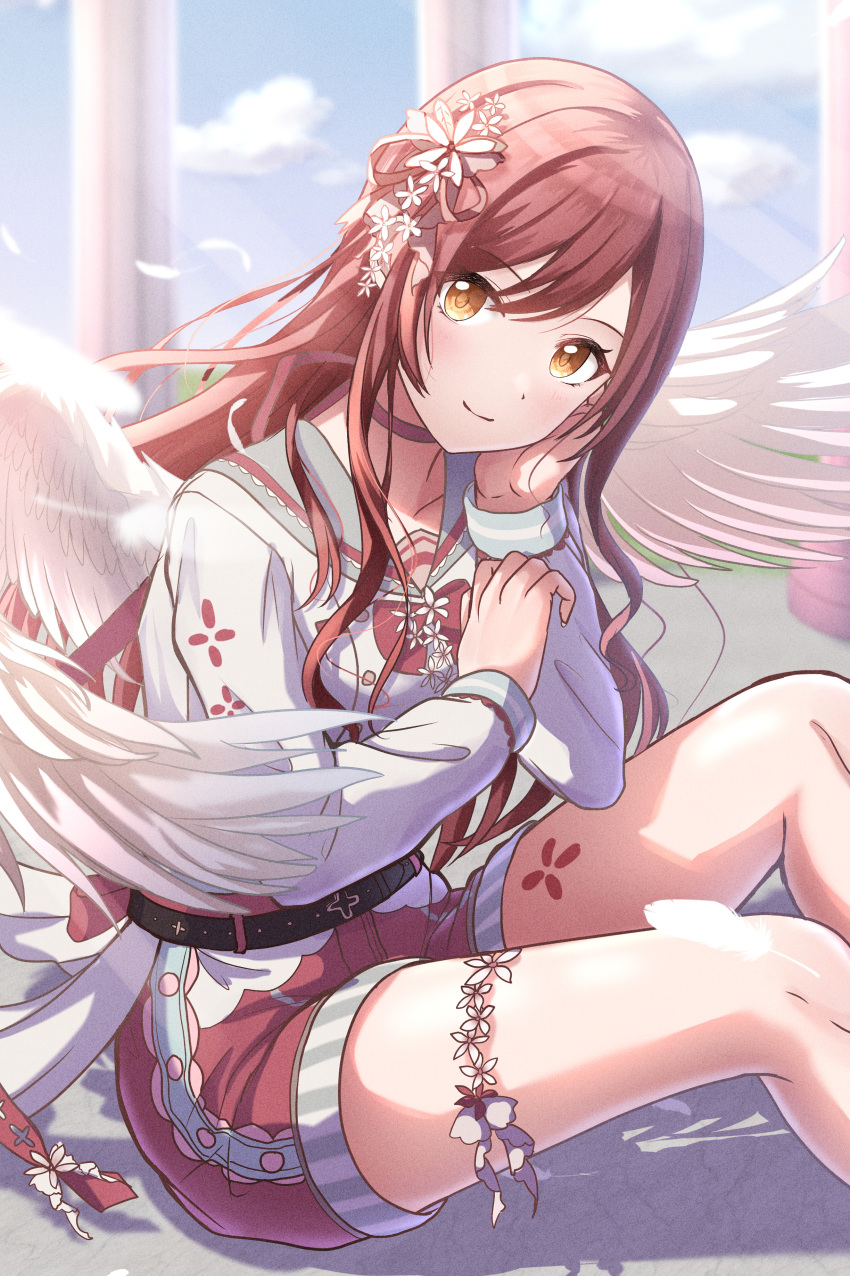 1girl absurdres angel_wings belt blush citrusmikan closed_mouth feathered_wings feathers flower grey_sailor_collar hair_flower hair_ornament hair_ribbon hand_on_own_cheek hand_on_own_face head_rest highres idolmaster idolmaster_shiny_colors long_hair long_sleeves looking_at_viewer osaki_amana outdoors red_shorts redhead ribbon sailor_collar shirt shorts sitting smile solo swept_bangs thigh_strap white_shirt white_wings wings yellow_eyes