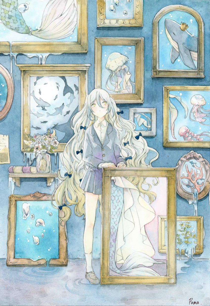 1girl absurdres air_bubble book bow bubble collared_shirt coral crown fins fish fish_tail flower gradient_hair grey_hair grey_jacket grey_skirt hair_between_eyes hair_bow highres jacket jellyfish leaking long_hair looking_up multicolored_hair multiple_hair_bows oekaki_rabbits original painting_(medium) picture_frame shark shirt signature skirt socks solo tail traditional_media vase very_long_hair water watercolor_(medium) whale white_flower white_shirt white_socks yellow_eyes