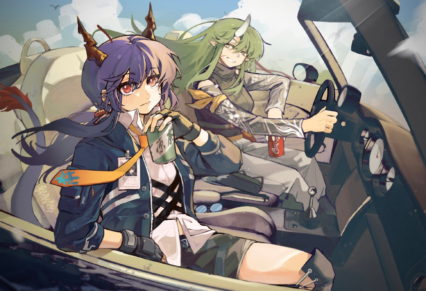 2girls arknights black_gloves black_jacket black_shirt black_shorts blue_sky can ch'en_(arknights) chinese_commentary closed_mouth clouds coca-cola commentary_request day dragon_tail driving fingerless_gloves gloves green_hair grey_pants highres holding holding_can horns hoshiguma_(arknights) jacket long_hair long_sleeves looking_at_viewer multiple_girls necktie outdoors pants parted_lips purple_hair red_eyes scar scar_on_face shirt shorts single_horn sitting sky smile steering_wheel tail twintails white_shirt yanlingjinshilihuahua yellow_necktie