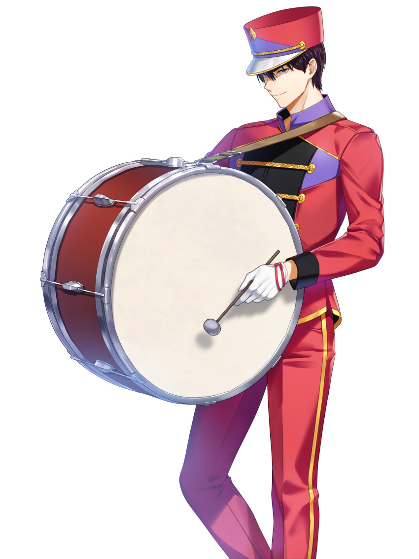 1boy alternate_hair_color band_uniform bass_drum buttons closed_mouth closers collared_jacket double-breasted drumsticks feet_out_of_frame gloves grey_eyes hat high_collar highres holding holding_drumsticks j_(closers) jacket long_sleeves looking_at_viewer male_focus marching_band official_art pants purple_hair red_headwear red_jacket red_pants shako_cap short_hair single_vertical_stripe smile solo standing uniform white_background white_gloves
