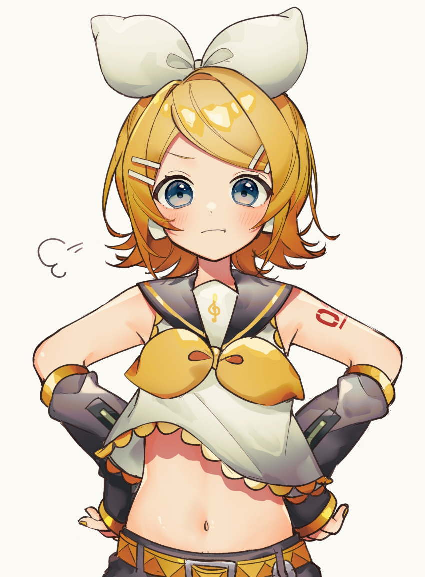 1girl :t asymmetrical_bangs bare_shoulders belt black_sailor_collar black_shorts blonde_hair blue_eyes blush bow closed_mouth crop_top detached_sleeves dot_nose hair_bow hair_ornament hairclip hands_on_own_hips headphones highres kagamine_rin looking_at_viewer medium_hair midriff multicolored_belt nail_polish navel neckerchief number_tattoo orange_belt puff_of_air sailor_collar sazanami_(ripple1996) shirt shorts shoulder_tattoo sidelocks simple_background solo straight_hair tattoo treble_clef upper_body vocaloid white_background white_bow white_shirt yellow_belt yellow_nails yellow_neckerchief