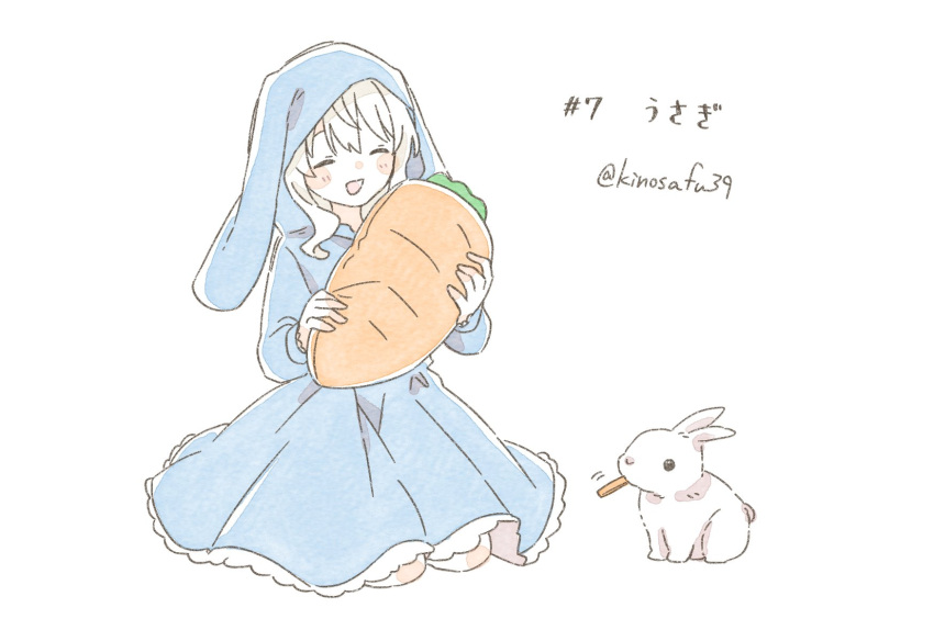 1girl :d ^_^ animal animal_name blue_dress carrot closed_eyes closed_mouth commentary dress facing_animal highres holding holding_stuffed_toy hood hood_up hooded_dress kagerou_project kozakura_marry long_sleeves numbered open_mouth pastel_colors plush_food rabbit sa-fu_(sfmk39) simple_background sitting smile solo stuffed_toy twitter_username white_background white_hair white_rabbit_(animal)