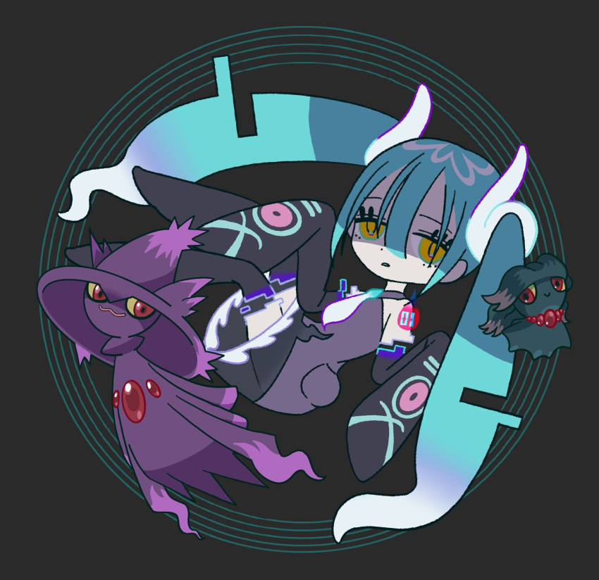 1girl black_thighhighs blue_hair colored_sclera detached_sleeves eyelashes floating full_body ghost_miku_(project_voltage) grey_background hair_between_eyes hatsune_miku highres looking_at_viewer misdreavus mismagius necktie pokemon pokemon_(creature) project_voltage purple_shirt red_eyes shirt sleeves_past_fingers sleeves_past_wrists smile thigh-highs twintails ty929 vocaloid white_necktie yellow_eyes yellow_sclera