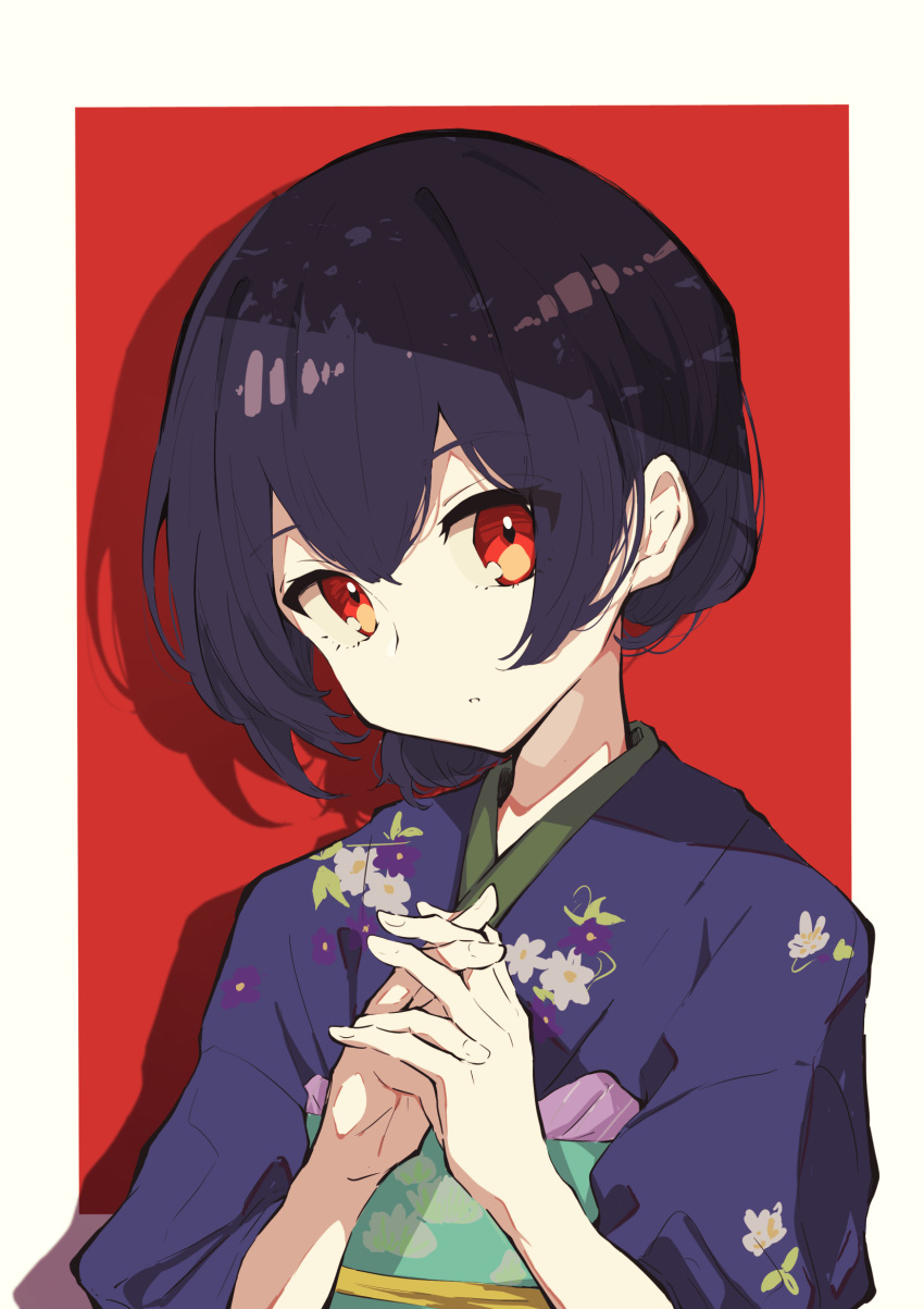1girl aitekku black_hair border double-parted_bangs drop_shadow floral_print_kimono hair_between_eyes hands_up highres idolmaster idolmaster_shiny_colors interlocked_fingers japanese_clothes kimono looking_at_viewer morino_rinze obi obiage obijime outside_border own_hands_clasped own_hands_together purple_kimono red_background red_eyes sash short_hair solo white_border