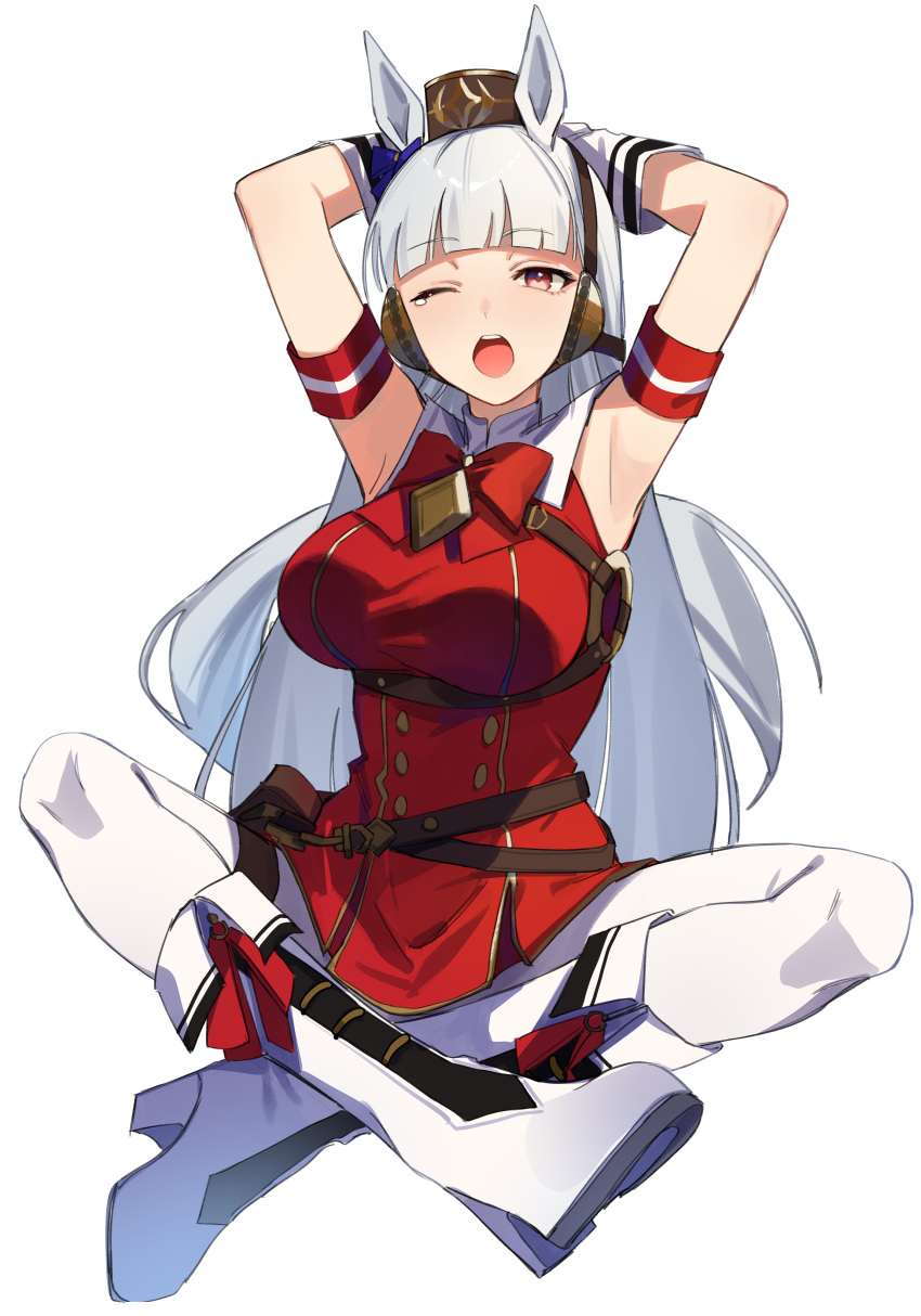 1girl absurdres animal_ears armpits arms_behind_head boots breasts commentary_request gold_ship_(umamusume) grey_hair highres horse_ears horse_girl horse_tail indian_style jenshenya large_breasts long_hair looking_at_viewer pants simple_background sitting solo tail umamusume white_background white_footwear white_pants yawning