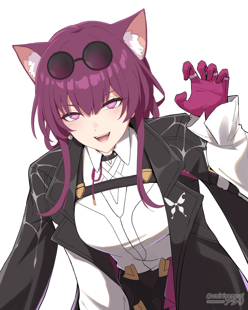 1girl :d absurdres animal_ear_fluff animal_ears asiri_senpai black_jacket cat_ears claw_pose commentary gloves highres honkai:_star_rail honkai_(series) jacket kafka_(honkai:_star_rail) kemonomimi_mode long_sleeves looking_at_viewer open_clothes open_jacket open_mouth purple_gloves purple_hair shirt simple_background smile solo sunglasses upper_body violet_eyes white_background white_shirt