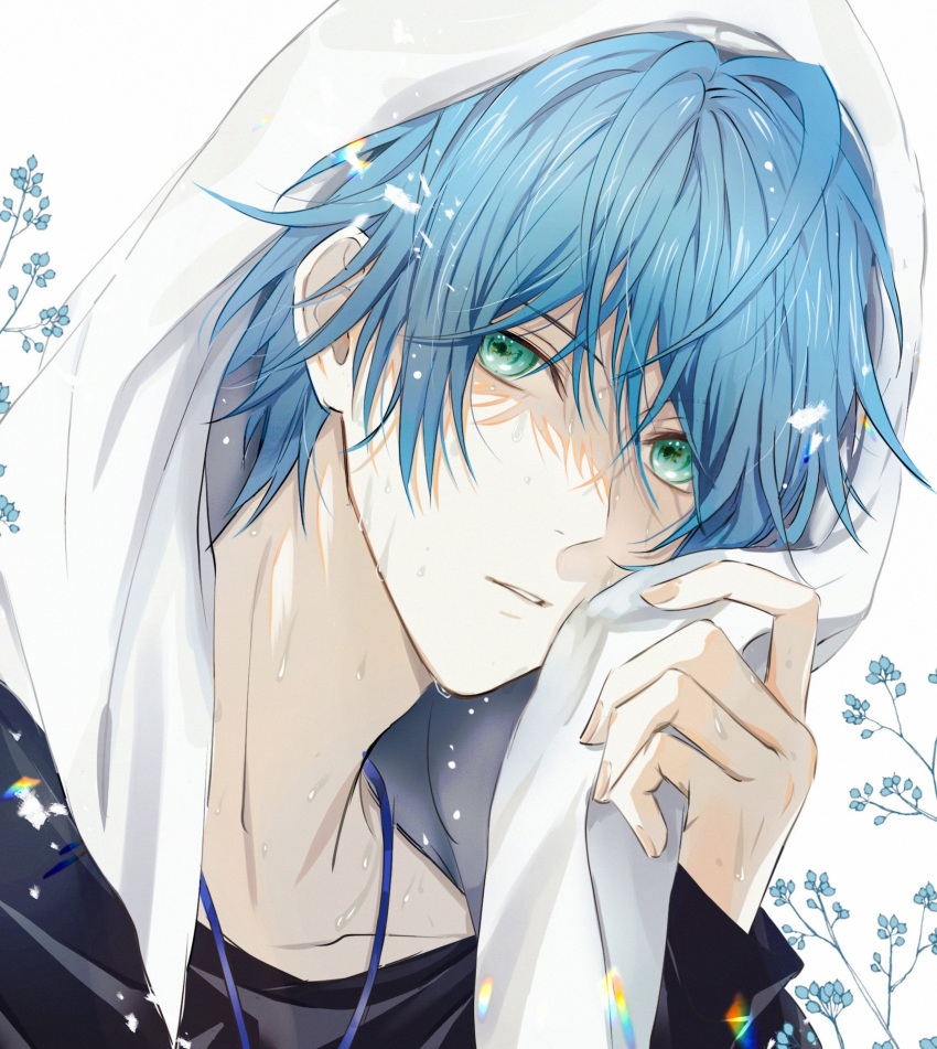 1boy bishounen black_shirt blue_flower blue_hair dripping expressionless flower green_eyes hair_between_eyes highres holostars holostars_english jewelry light_blue_hair looking_at_viewer male_focus necklace parted_lips portrait regis_altare shin_diena shirt short_hair solo towel towel_on_head virtual_youtuber water wet wet_hair
