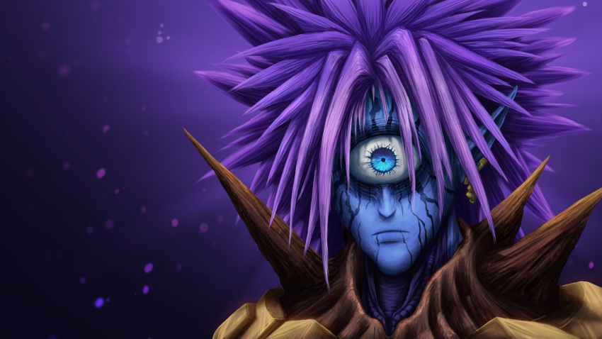 1boy alien blue_eyes blue_skin closed_mouth colored_skin commentary cyclops earrings english_commentary highres jewelry lolzitsaduck lord_boros male_focus one-eyed one-punch_man pointy_ears purple_hair solo spikes spiky_hair