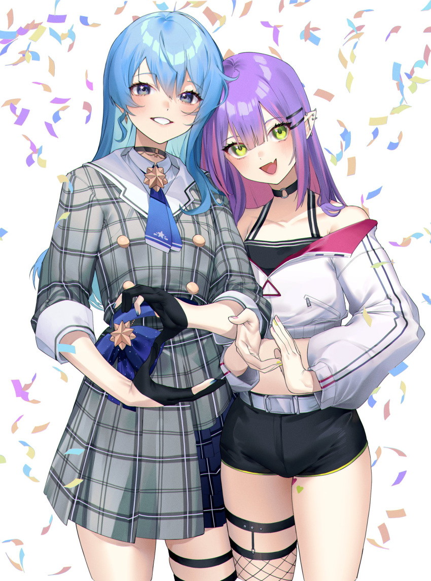 2girls :d absurdres alternate_hairstyle ascot belt black_choker black_gloves black_shorts black_tank_top blue_ascot blue_bow blue_choker blue_eyes blue_hair blue_nails blue_skirt blush bow buttons center-flap_bangs choker collared_shirt colored_inner_hair confetti crop_top cropped_jacket dot_nose double-breasted double-parted_bangs ear_piercing earclip earrings english_commentary eredhen fang fingerless_gloves fishnet_thighhighs fishnets frilled_skirt frills gloves green_eyes grey_jacket grey_skirt grin hair_between_eyes hair_ornament hairclip heart highres hololive hoshimachi_suisei hoshimachi_suisei_(1st_costume) jacket jewelry layered_skirt leg_tattoo long_hair long_sleeves medium_hair midriff miniskirt multicolored_hair multicolored_nails multiple_girls nail_polish o-ring o-ring_choker open_mouth partially_fingerless_gloves piercing pink_hair pink_nails plaid plaid_jacket plaid_skirt pleated_skirt pointy_ears purple_hair shirt short_shorts shorts sidelocks simple_background single_thighhigh skirt skirt_set sleeve_cuffs smile spike_piercing star_(symbol) star_choker star_earrings star_in_eye streaked_hair symbol_in_eye tank_top tattoo teeth thigh-highs thigh_strap tokoyami_towa tokoyami_towa_(1st_costume) tongue virtual_youtuber waist_bow white_background white_belt white_jacket white_shirt yellow_nails