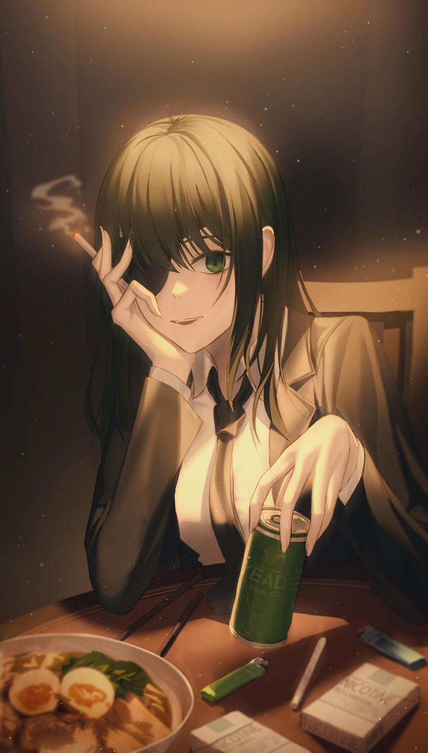 1girl absurdres alternate_hair_length alternate_hairstyle black_coat black_hair black_necktie bowl can chainsaw_man cigarette cigarette_pack coat collared_shirt dark_background eyepatch food green_eyes hashtag_only_commentary head_rest highres himeno_(chainsaw_man) holding holding_can holding_cigarette lapels lighter long_hair long_sleeves looking_at_viewer necktie on_chair open_mouth shirt smile smoke_trail smoking solo table upper_body white_shirt yedeu2