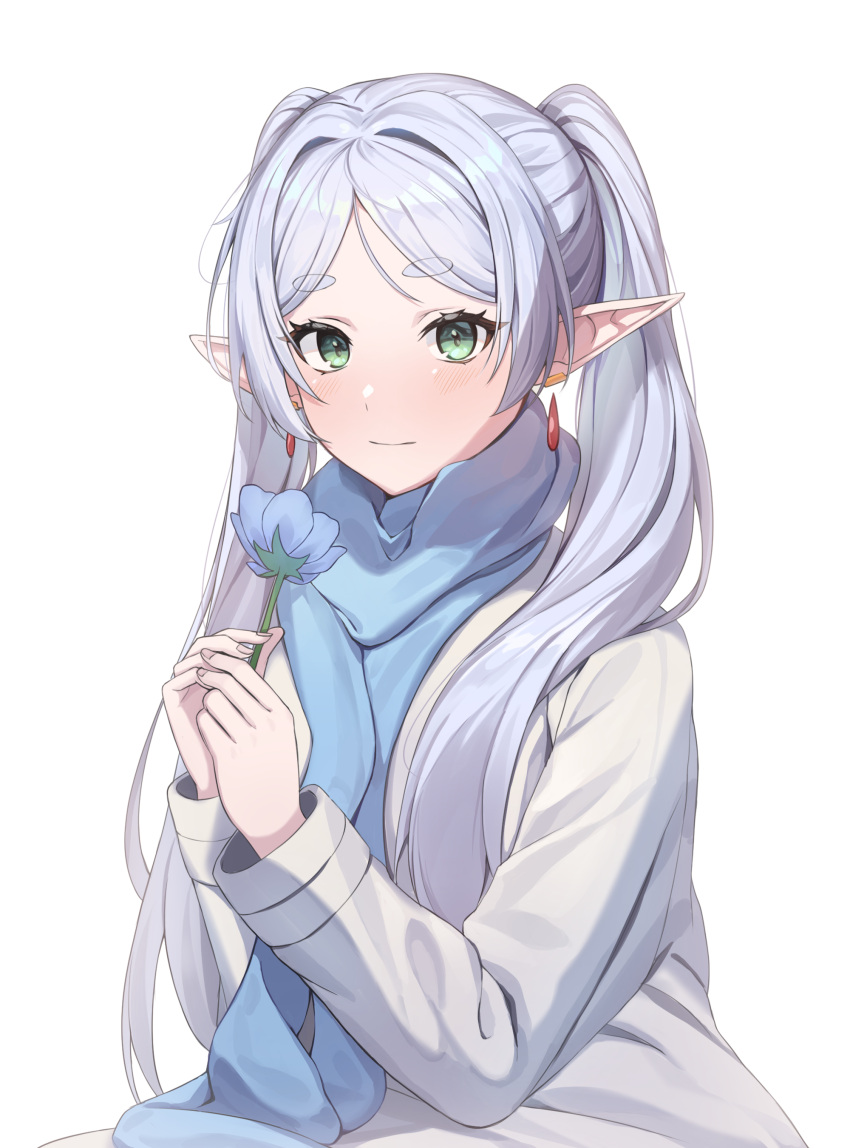 1girl absurdres afri blue_scarf closed_mouth coat dangle_earrings drop_earrings earrings flower frieren green_eyes grey_hair highres holding holding_flower jewelry long_hair looking_at_viewer scarf simple_background solo sousou_no_frieren white_background white_coat
