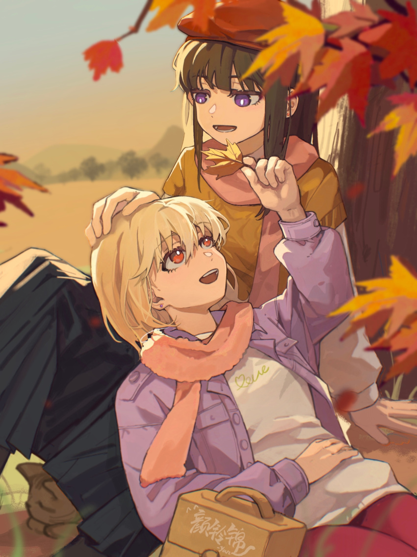 2girls absurdres black_hair black_skirt blonde_hair blurry blurry_foreground brown_sweater chinese_commentary commentary_request day earrings hand_on_another's_head highres holding holding_leaf inoue_takina jacket jewelry lap_pillow leaf long_hair long_skirt lycoris_recoil maple_leaf medium_hair multiple_girls nishikigi_chisato outdoors pants parted_lips pink_scarf pleated_skirt purple_jacket red_eyes red_headwear red_pants scarf shirt skirt smile stud_earrings sweater tree violet_eyes white_shirt yanlingjinshilihuahua yuri