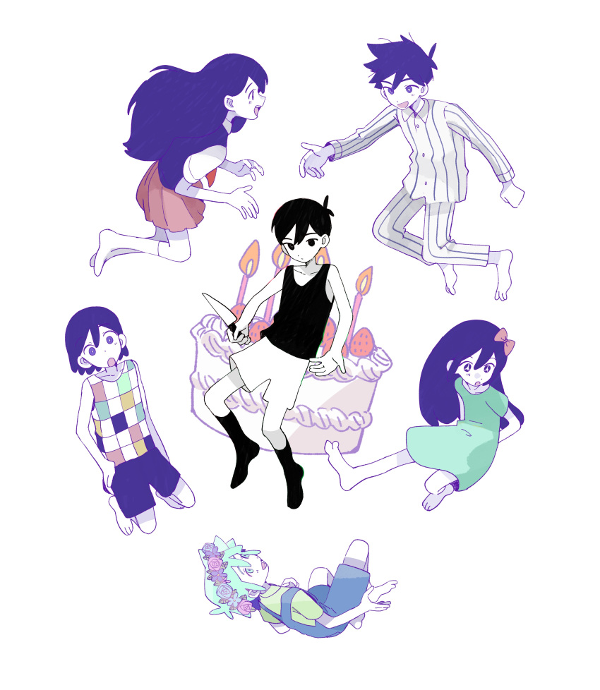 +_+ 2girls 4boys :d :o absurdres arms_behind_back aubrey_(headspace)_(omori) aubrey_(omori) bare_arms bare_shoulders barefoot basil_(headspace)_(omori) basil_(omori) birthday_cake black_eyes black_hair black_socks black_tank_top blue_overalls bow bright_pupils cake child circle_formation collarbone commentary dot_nose dress expressionless floating flower_wreath food full_body green_dress green_eyes green_hair green_shirt hair_bow hand_on_own_hip head_wreath hero_(headspace)_(omori) hero_(omori) highres holding holding_knife jumping kel_(headspace)_(omori) kel_(omori) kneehighs knife long_hair mari_(headspace)_(omori) mari_(omori) mdmdmdmd23eng multiple_boys multiple_girls official_style omori omori_(omori) open_mouth orange_skirt overalls pajamas purple_hair purple_vest shirt short_hair shorts simple_background skirt smile socks striped_clothes striped_pajamas symbol-only_commentary tank_top vest violet_eyes white_background white_pupils white_shorts white_socks
