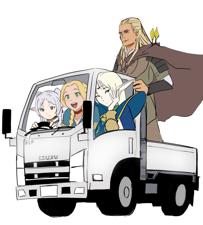 1boy 3girls :d absurdres blonde_hair brown_cape cape crossover deedlit driving dungeon_meshi elf frieren green_eyes grey_hair highres isuzu_elf isuzu_motors legolas marcille_donato meke_(77842928) motor_vehicle multiple_crossover multiple_girls name_connection pointy_ears quiver record_of_lodoss_war simple_background smile sousou_no_frieren the_lord_of_the_rings tolkien's_legendarium truck white_background