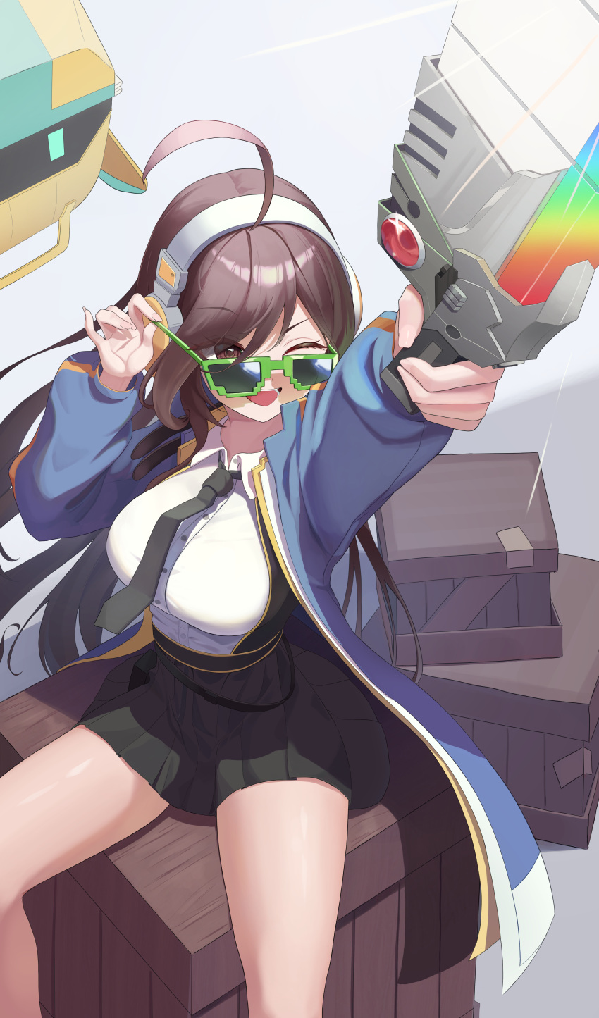 1girl absurdres adjusting_eyewear ahoge armor black_necktie black_skirt breasts brown_eyes brown_hair character_request collared_shirt commentary_request copyright_request feet_out_of_frame glasses green-framed_eyewear hand_up headphones highres holding holding_weapon korean_commentary large_breasts long_hair long_sleeves necktie one_eye_closed open_mouth shirt sitting skirt smile solo su2ro thighs weapon white_shirt wooden_box