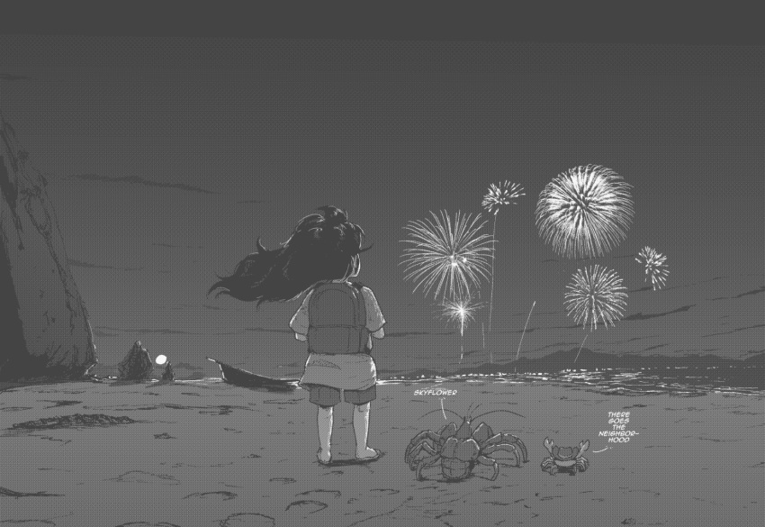 1girl animal backpack bag beach child cowboy_hat crab crustacean english_commentary english_text fireworks floating_hair from_behind full_body greyscale hat lobster long_hair monochrome mountainous_horizon new_year night night_sky original outdoors shirt shore short_sleeves shorts sky solo standing tyrone