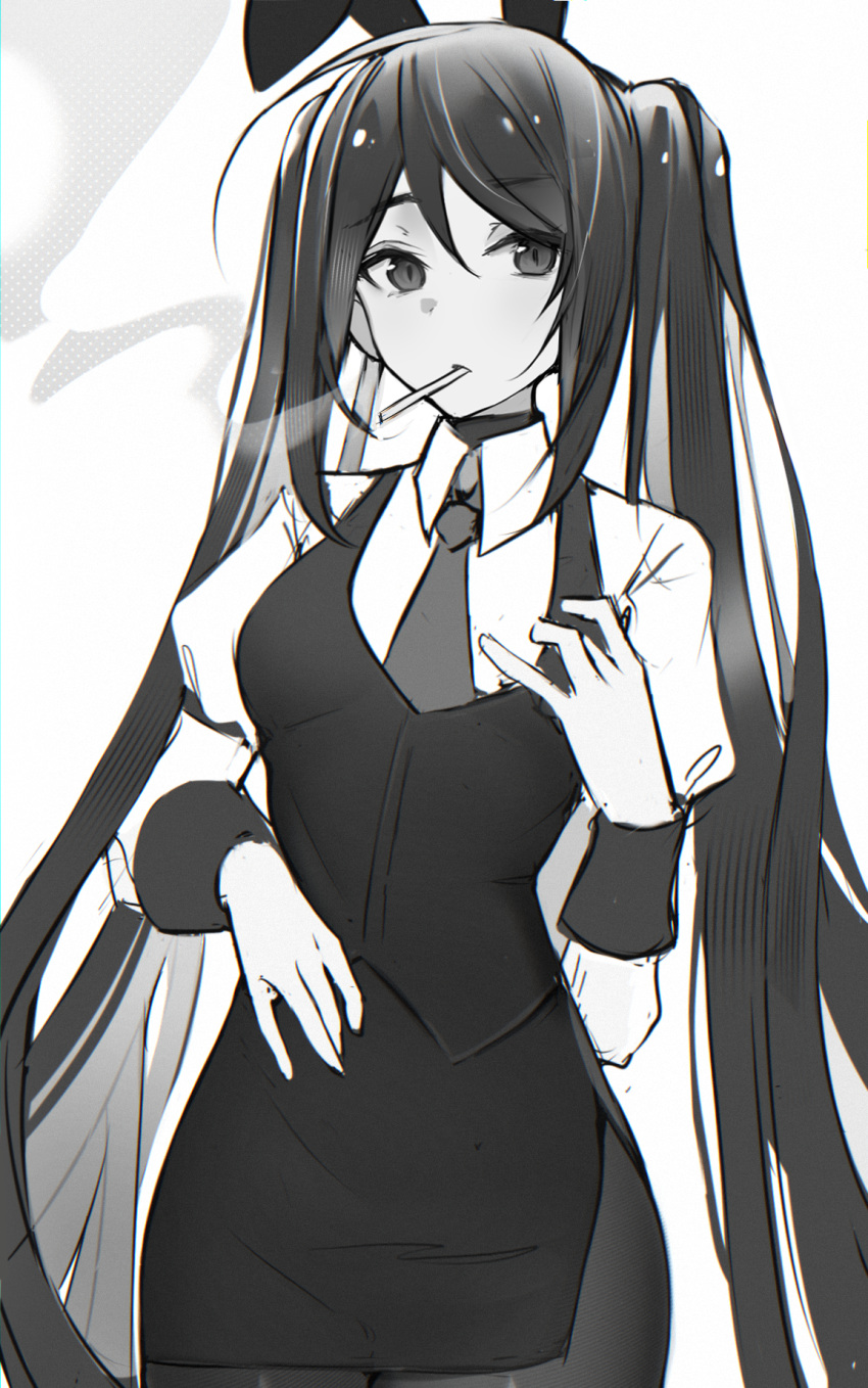 1girl animal_ears averting_eyes breasts cigarette collared_shirt commentary cowboy_shot highres jill_stingray juliet_sleeves long_hair long_sleeves looking_to_the_side medium_breasts miniskirt monochrome pantyhose pencil_skirt puffy_sleeves rabbit_ears reiko_lape shirt side_slit simple_background skirt smoke smoking solo symbol-only_commentary va-11_hall-a very_long_hair vest white_background