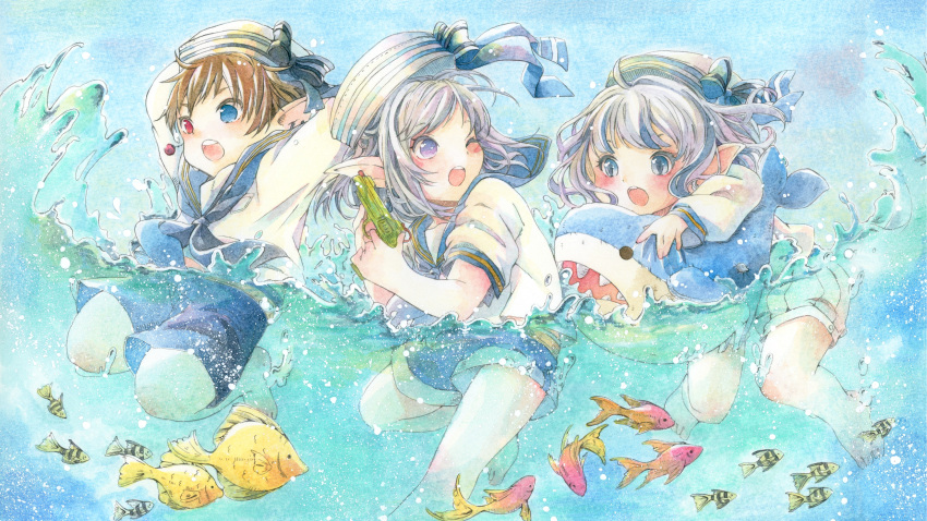 1boy 2girls absurdres arms_up barefoot black_neckerchief blue_eyes blue_shorts blue_sky brown_hair commission eyelashes final_fantasy final_fantasy_xiv fish grey_eyes hat heterochromia highres holding holding_water_gun lalafell long_sleeves multiple_girls neckerchief oekaki_rabbits one_eye_closed open_mouth painting_(medium) partially_submerged pointy_ears red_eyes sailor sailor_collar sailor_hat shorts skeb_commission sky stuffed_animal stuffed_shark stuffed_toy traditional_media violet_eyes water_gun watercolor_(medium) white_shorts