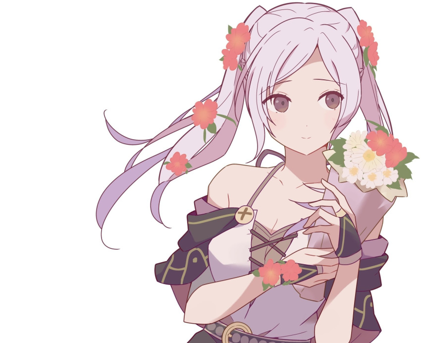 1girl 343rone bare_shoulders bouquet brown_eyes dress fire_emblem fire_emblem_awakening fire_emblem_heroes flower grey_hair hair_flower hair_ornament highres holding holding_bouquet long_hair looking_to_the_side official_alternate_costume robin_(female)_(fire_emblem) robin_(female)_(valentine)_(fire_emblem) robin_(fire_emblem) solo twintails upper_body white_background white_dress