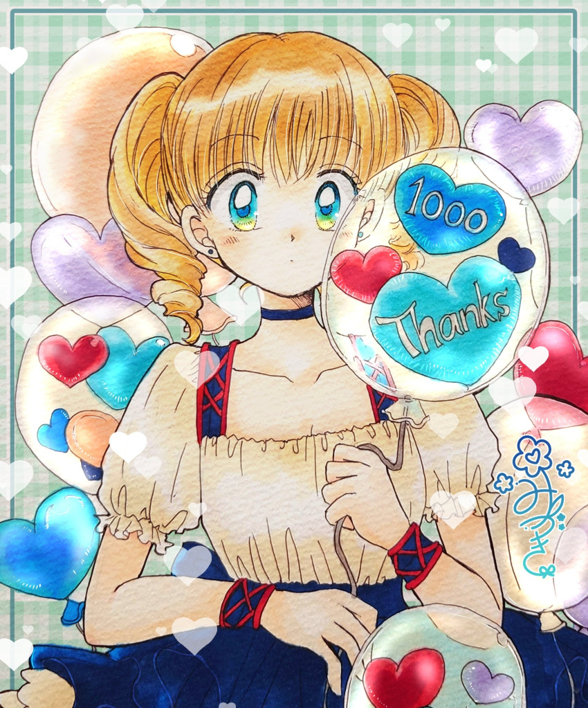 1980s_(style) 1girl balloon blue_skirt border bracelet character_request closed_mouth copyright_request dot_mouth dress drill_hair flower frilled_skirt frilled_sleeves frills fukatsuki_mizuki green_background heart heart_balloon highres holding holding_balloon jewelry light_brown_hair looking_at_viewer plaid plaid_background retro_artstyle skirt solo thank_you twin_drills upper_body white_dress