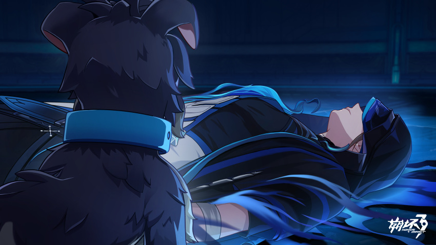 1boy animal black_dog blue_theme brown_hair character_request chinese_commentary closed_mouth dog highres honkai_(series) honkai_impact_3rd hood logo lying male_focus official_art official_wallpaper on_back on_floor spoilers