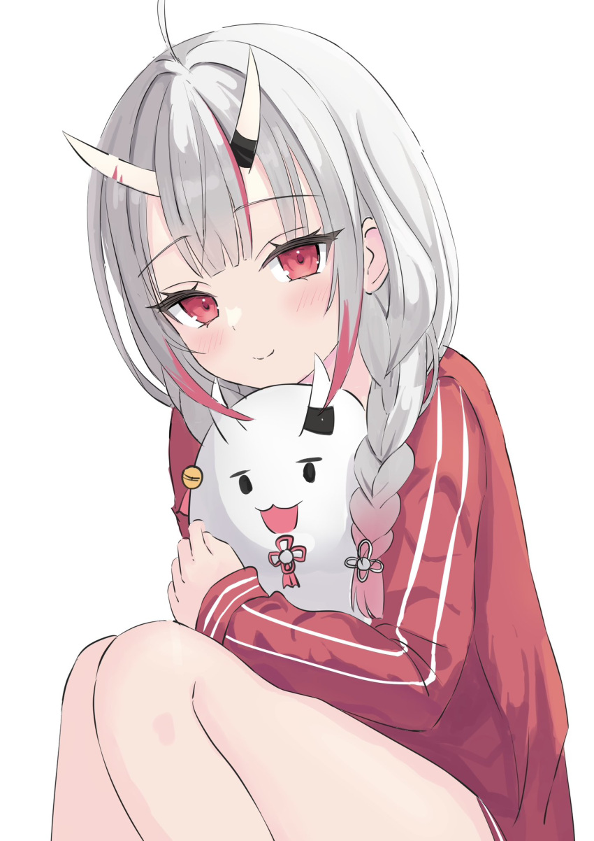 1girl bad_id bad_pixiv_id blush braid closed_mouth gradient_hair grey_hair highres hololive horns jacket karma_(nakiri_ayame) long_hair looking_at_viewer multicolored_hair nakiri_ayame nakiri_ayame_(7th_costume) official_alternate_costume oni red_eyes red_jacket redhead skin-covered_horns smile streaked_hair tamamorh track_jacket twin_braids virtual_youtuber white_background